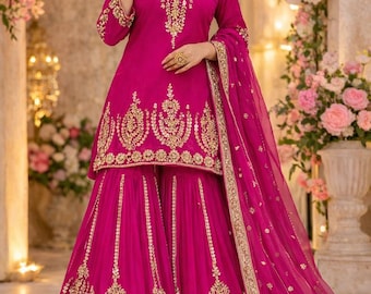 Magenta Sharara Suit for Women, Indian Wedding Guest Outfit, Embroidered Pakistani Sharara Set with Dupatta, Festive Ethnic Party Wear