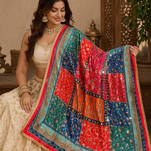 Multicolor Patchwork Mirror Work Dupatta | Rajasthani Bandhani Style Dupatta | Pakistani Dupatta | Bridal Festive Dupatta