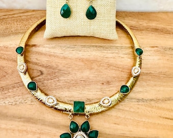 Green Stone Hasli Choker Necklace Set for Women | Kundan Choker with Earrings | Traditional Indian Jewelry | Wedding Festive Jewelry