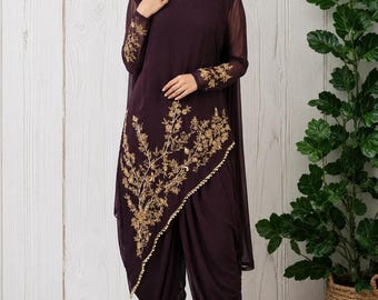 Party wear Tulip Pant set | Stylish Dhoti kurta set| Hand Embroidered | Designer Violet color set | Gifts for Women