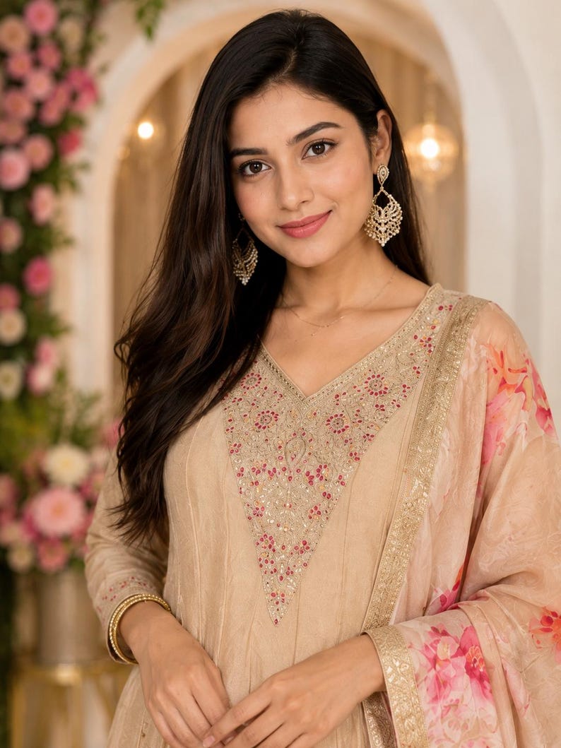 May include: A beige-colored formal dress with intricate embroidery around the neckline and sleeves. The dress features a V-neck design and is paired with a floral-patterned scarf. Gold-colored jewelry, including earrings and bangles, adds a touch of elegance.