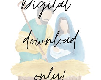 Quadro imprimível com cena da Natividade em aquarela | Decoração natalina com tema cristão | Impressão bíblica | Impressão da história do nascimento de uma criança no Natal | Sagrada Família