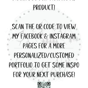 Pode incluir: Fundo branco com texto preto: "OBRIGADO POR VER O MEU PRODUTO! DIGITALIZE O C&Oacute;DIGO QR PARA VER AS MINHAS P&Aacute;GINAS DO FACEBOOK E INSTAGRAM PARA UM PORTF&Oacute;LIO MAIS PERSONALIZADO/PERSONALIZADO PARA SE INSPIRAR PARA A SUA PR&Oacute;XIMA COMPRA!" Um c&oacute;digo QR na parte inferior.