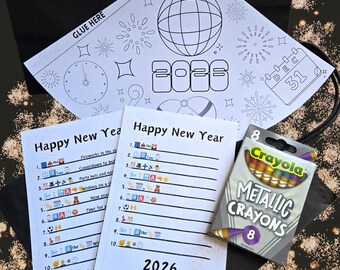 2026 Kids New Years Eve Kit | NYE Party Game | Children's Activity Bags | DIY Color And Construct Hat | Emoji Pictionary Game With Key