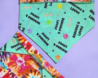 Rescued and Loved Turquoise Dog & Cat Bandana, Reversible, Snap On Pet Scarf, Tie Dye