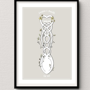 Illustration Print - Love Spoon Llwy Garu - Hochzeit, Jubiläum, Sake Geschenk. Cymraeg.