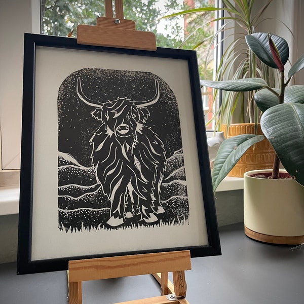 Highland Cow original art Lino print