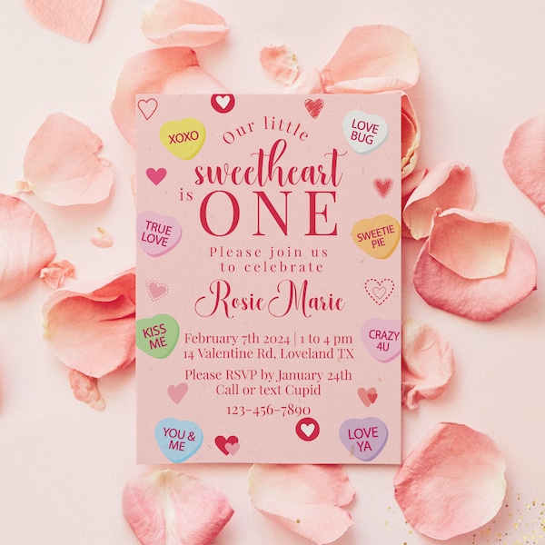 Valentine Birthday Invite, February First Birthday Invitation, Little Sweetheart, Hearts Pink Digital Evite, Editable Template ROS004