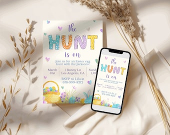 Easter Egg Hunt Invite, Easter Celebration Invite, Printable Easter Invitation, Editable Template, Hop on Over Easter Invite, The Hunt is On