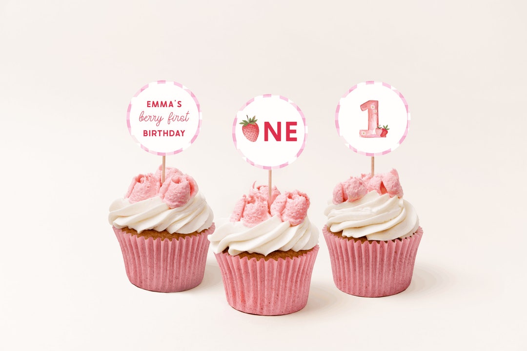 Berry First Birthday Cupcake Topper, Editable Template, Strawberry 1st ...