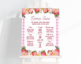 Strawberries Milestone Board, Berry First Birthday, Girl 1st Birthday party, 1st Year Milestone Board, EMM009