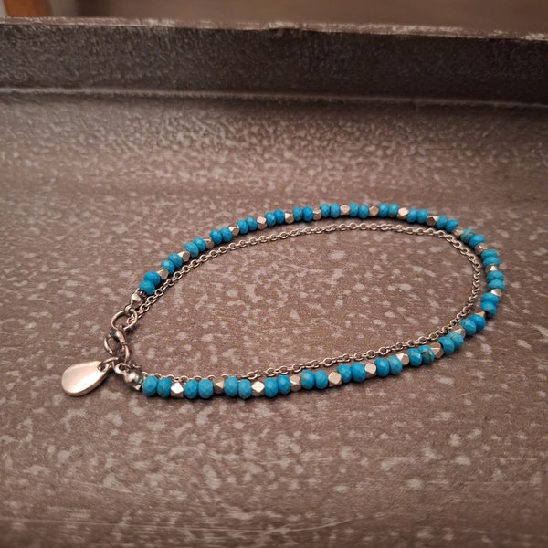 Beach anklet, Available in Turquoise gemstone or Howlite gemstone w/ silver diamond cut beads double strand anklet, boho, gift