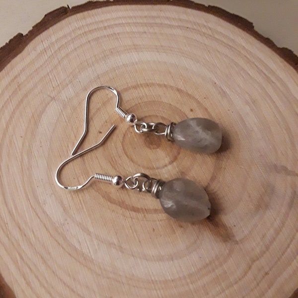 Wire wrapped Gray Moonstone earrings on sterling silver ear wires, nickel free, healing gemstone, protection gemstone