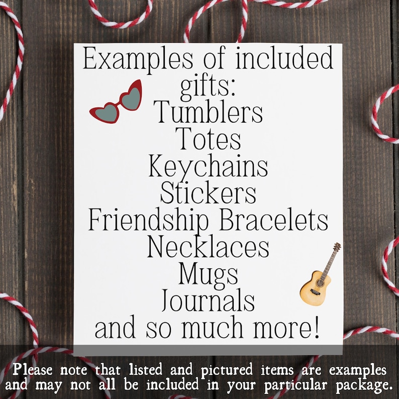 May include: A white card with the text "Examples of included gifts: Tumblers, Totes, Keychains, Stickers, Friendship Bracelets, Necklaces, Mugs, Journals, and so much more!" Red and white string surrounds the card.