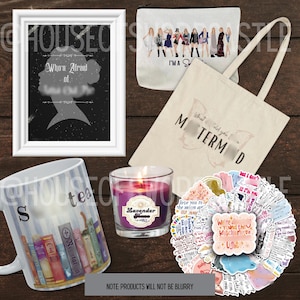 May include: A collection of lifestyle items: a framed print, a zipped pouch, a tote bag, a mug, a candle, and stickers. The framed print has a silhouette and text. The mug is decorated with a book design. The candle is purple.