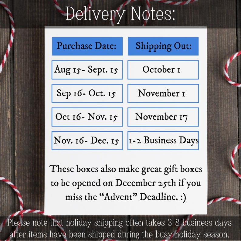 May include: A white card with blue boxes detailing purchase and shipping dates. Text includes "Delivery Notes," "Purchase Date," and "Shipping Out." Dates range from August 15th to December 15th, with shipping dates in October and November.