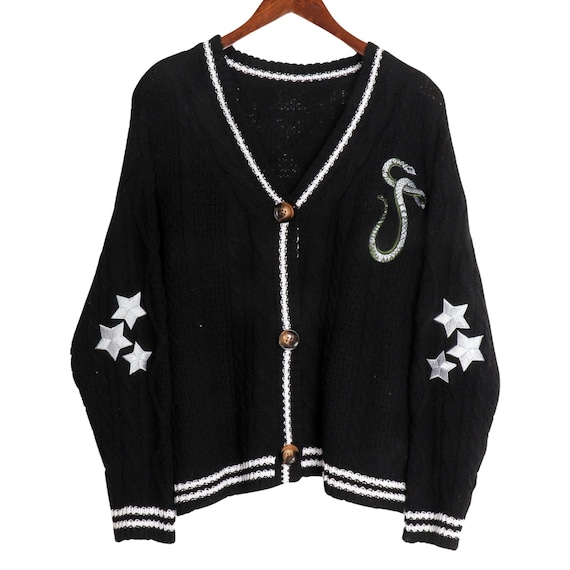 Snake Rep V-Neck Sweater Star Embroidered Black Cardigan for Women, Trending Eras Tour Swifty Cardigans, Chunky Knit Sweater Gift for Her