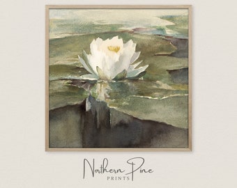 Vintage Lotus Print | Lily Pad Floral Watercolor | Natural Botanical Home Wall Décor |  Neutral Flower Landscape | Printable Art Download
