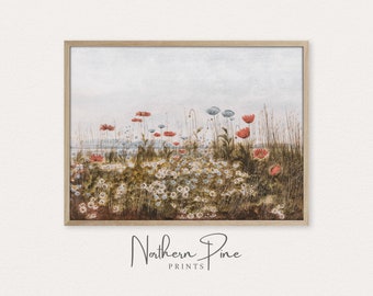 Vintage Poppy Print | Wildflower Landscape Oil Painting | Coastal Floral Print | Rustic Botanical Wall Art | Printable Art Download