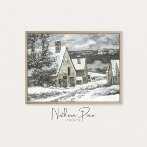 Snowy Village Winter Print | Rustic Farmhouse Wall Art | French Country Christmas | Printable Art Download