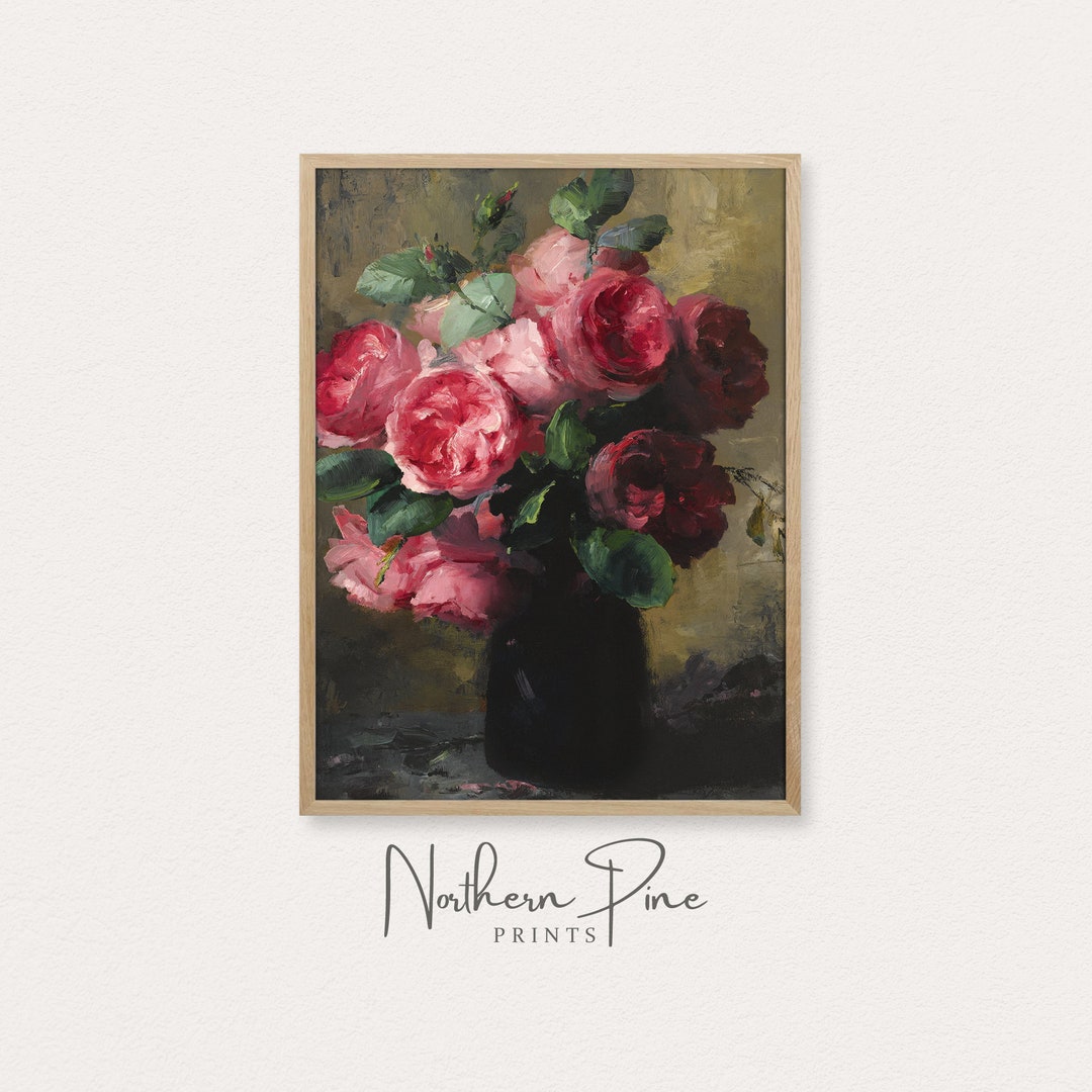 Vintage Pink Rose Still Life Print | Antique Floral Blooms Oil Painting ...