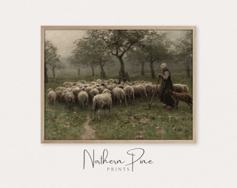 Vintage Sheep Print | Country Meadow Oil Painting | Farmhouse Animal Print | Cottage Landscape | Rustic Wall Decor | Printable Art Download