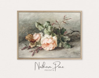 Vintage Watercolor Still Life | Botanical Pink Flower Print | Printable Art Download | Cottage Wall Decor