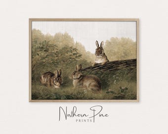 Woodland Bunny Print | Vintage Nursery Wall Art | Soft Home Decor | Kids Room Oil Painting | Antique Rabbit Artwork | Printable Art Download