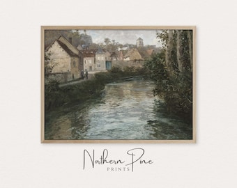 Vintage River Print | Country Village Oil Painting | Antique European Wall Art | Farmhouse Wall Decor | Printable Art Download