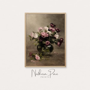 Naturaleza muerta floral vintage / Pintura al óleo de rosas victorianas / Decoración de pared con flores rosas antiguas / Obra de arte de Dark Academia / Descarga de arte imprimible