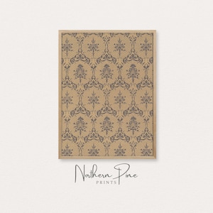 May include: A framed print of a beige and gray damask pattern. The pattern features a repeating design of stylized flowers and leaves.