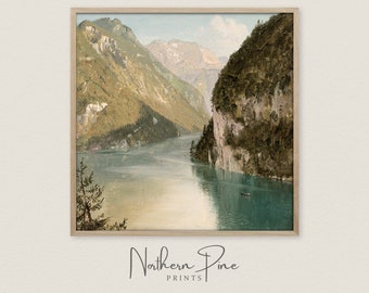 Vintage Mountain Lake Print | Square Landscape Wall Art | Natural Alpine Oil Painting | Nature Home Décor Artwork | Printable Art Download