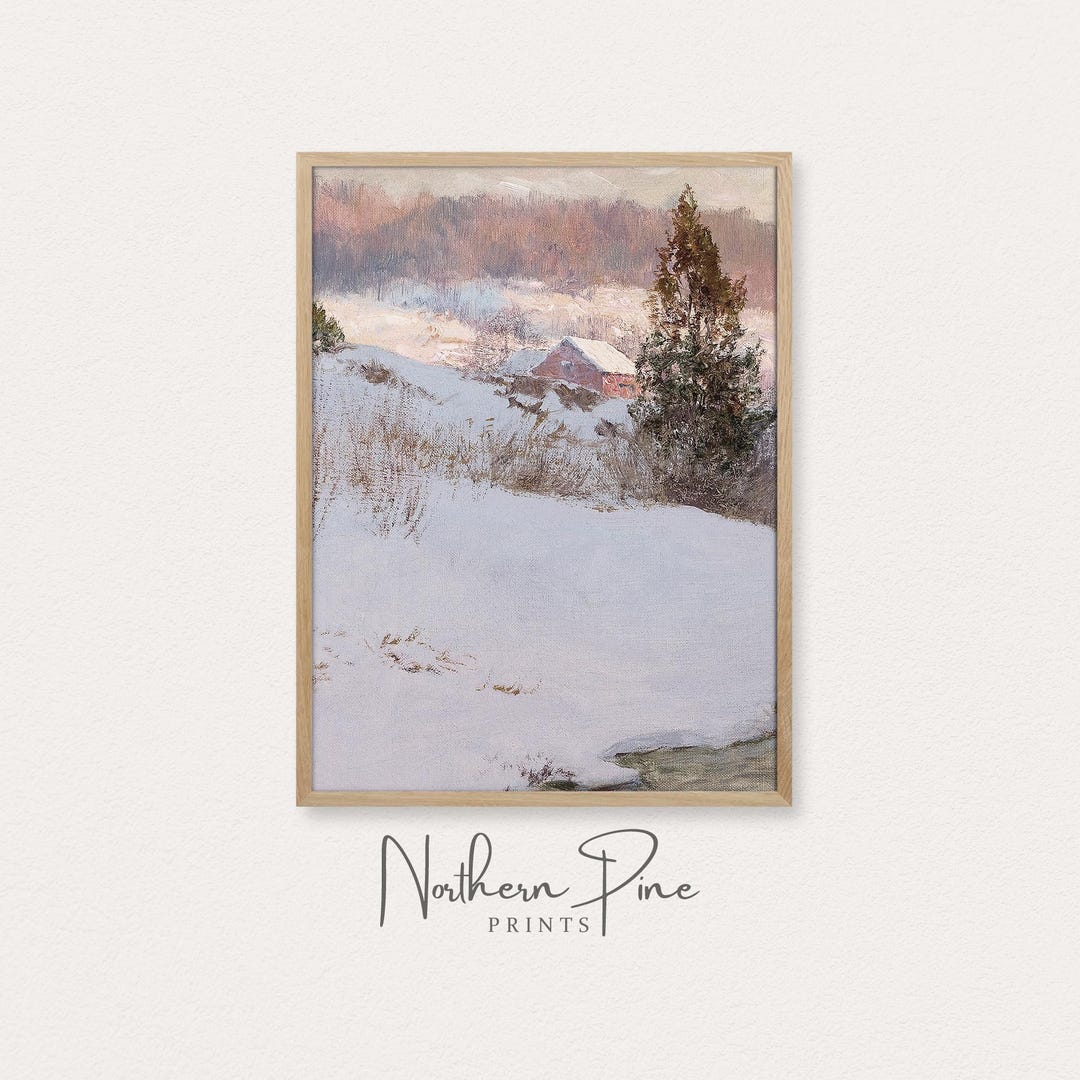 Winter Farmhouse Print | Snowy Cabin Painting | Cozy Nature Wall Art ...