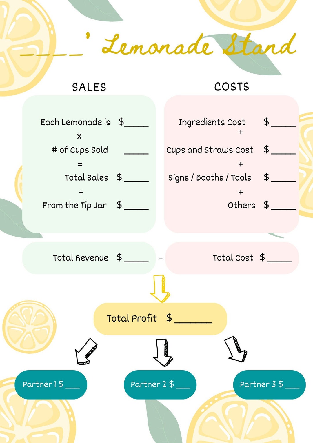 Kidfriendly Lemonade Stand Profit & Loss Printable Template Business