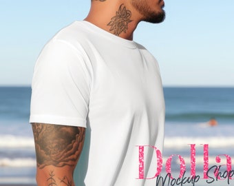 Mockup Sleeve Mens Tshirt Mockup on the Beach Short Sleeve tshirt Mock ups Sleeve Mockup Mens Summer Beach Mockup White T Shirt
