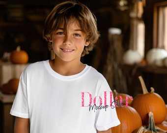 秋をテーマにした子供用Tシャツのモックアップ、秋の男の子向けモックアップ、秋の女の子向けモックアップ、白いシャツのモックアップ、子供用半袖シャツのモックアップ、カボチャ
