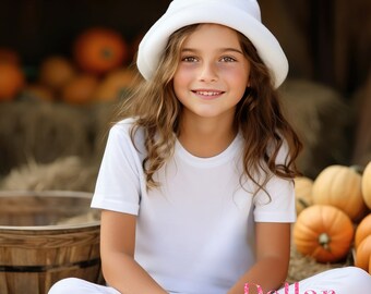 秋をテーマにした子供用Tシャツのモックアップ、秋の男の子向けモックアップ、秋の女の子向けモックアップ、白いシャツのモックアップ、子供用半袖シャツのモックアップ、カボチャ