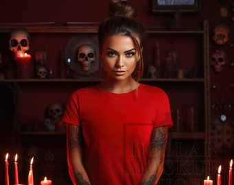 Mockup Halloween, Fall Womens Mock Up T Shirt Womens Halloween Creepy Spooky Trendy Mockup Shirts, Gildan, Bella Canvas