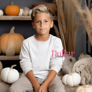 May include: A young person wearing a long-sleeved, off-white shirt and khaki pants sits in front of a fall-themed backdrop. The backdrop includes pumpkins, decorative gourds, and dried grasses, creating a seasonal atmosphere.
