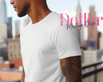 Mockup Sleeve Mens Tshirt Mockup on the Cityscape Urban Short Sleeve tshirt Mock ups Sleeve Mockup Mens Summer New York Mockup White T Shirt
