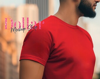 Mockup Sleeve Mens Tshirt Mockup on the Cityscape Urban Short Sleeve tshirt Mock ups Sleeve Mockup Mens Summer New York Mockup Red T Shirt