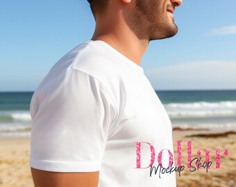 Mockup Sleeve Mens Tshirt Mockup on the Beach Short Sleeve tshirt Mock ups Sleeve Mockup Mens Summer Beach Mockup White T Shirt