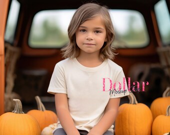 秋をテーマにした子供用Tシャツのモックアップ、秋の男の子向けモックアップ、秋の女の子向けモックアップ、子供用ホワイトシャツのモックアップ、クリームシャツのモックアップ、パンプキンズGILDAN