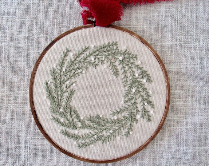 Hand Embroidered Christmas Wreath Farmhouse Minimalist Holiday Wreath Gift Giving Choice of Colored Linen Ribbon