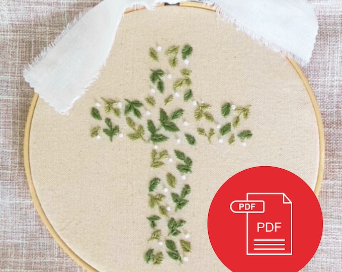 Hand Embroidery Pattern Botanical Cross Leaf Design Christian Theme Wall Decor Downloadable FULL PDF PATTERN