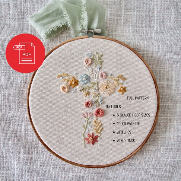 Hand Embroidery Pattern Floral Cross Christian Theme Wall Decor Downloadable FULL PDF PATTERN