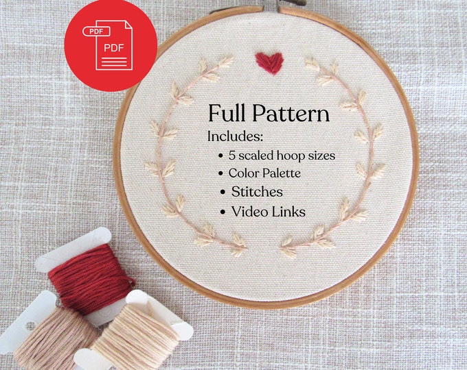 Primitive Heart Wreath Hand Embroidery Full Pattern, PDF Pattern, Wall Decor, Heart Wreath, Home Decor Downloadable, Minimalist, Farmhouse