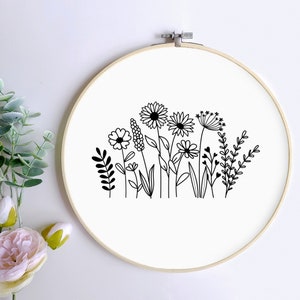 Handstickerei Muster, PDF Muster, Stickmuster, Blumen Wanddekor, Minimalistisches Dekor, Wohnkultur, PDF zum Herunterladen, Bauernhaus