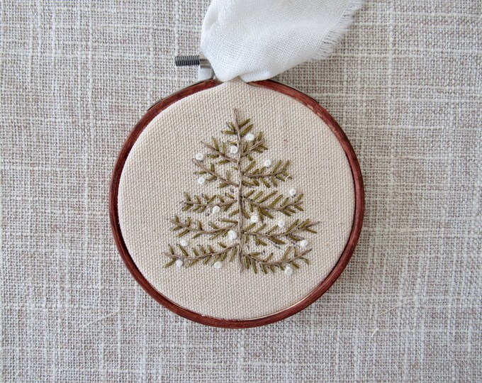 Hand Embroidered Christmas Tree Ornament Farmhouse Minimalist Holiday Ornament Exchange Gift Giving Choice of Colored Linen Ribbon