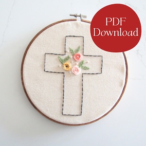 Patrón de bordado a mano de cruz floral: tema cristiano (PDF descargable)